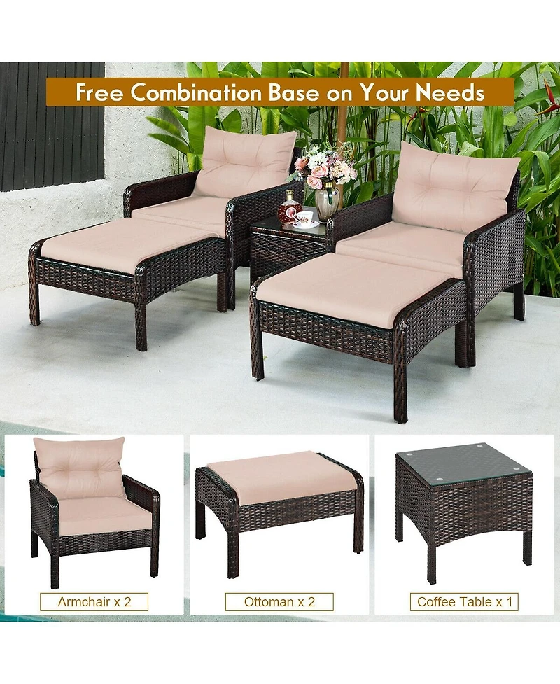 5 Pcs Patio Rattan Sofa Ottoman Furniture Set with Cushions