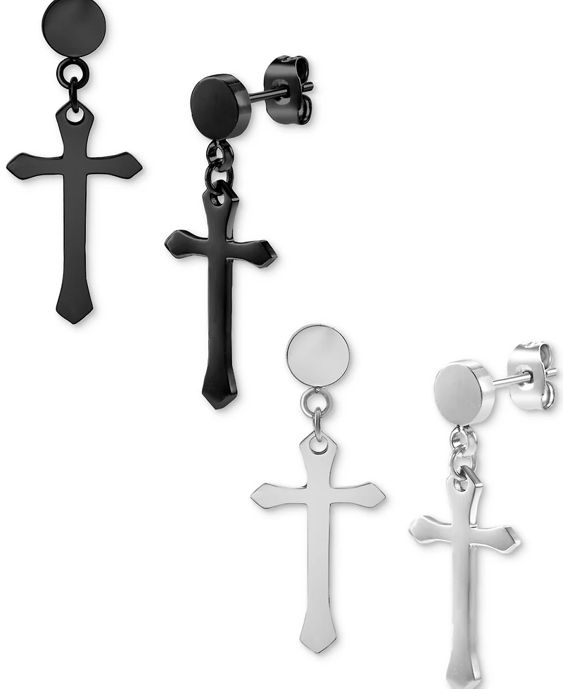 Blackjack 2-Pc. Set Men's Cross Chain Drop Earrings in Stainless Steel & Black Ion-Plated Stainless Steel