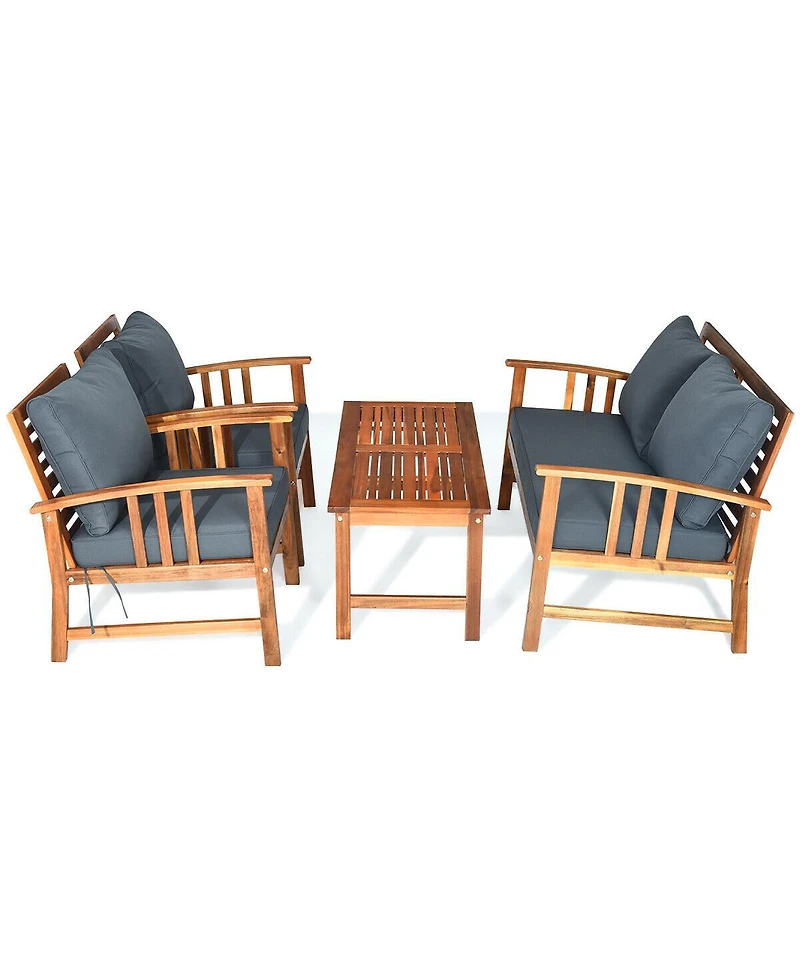 4 Pcs Wooden Patio Furniture Set Table Sofa Chair Cushioned Garden