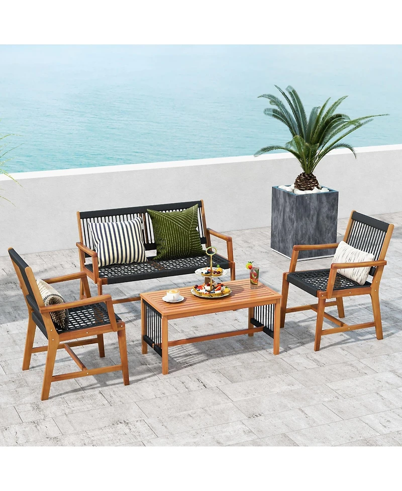 4 Pieces Acacia Wood Patio Conversation Table and Chair Set with Hand Woven Rope
