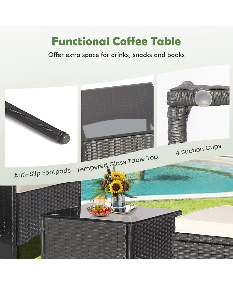 5 Pieces Outdoor Wicker Sofa Set with Coffee Table and 2 Ottomans