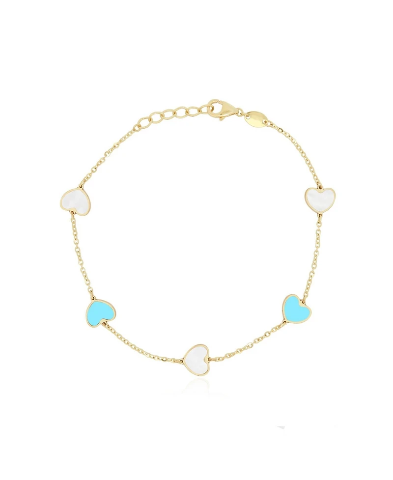 The Lovery Mother of Pearl and Turquoise Mixed Heart Station Bracelet 14K Gold