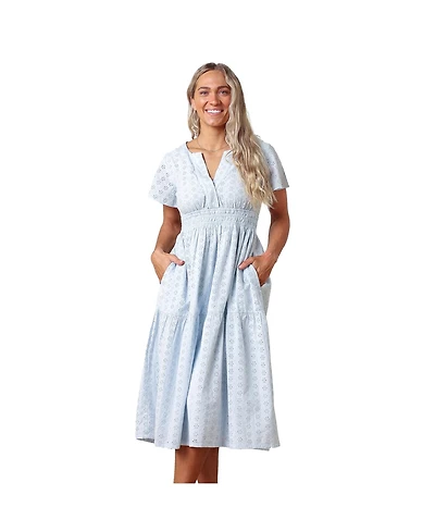 Hope & Henry Women's Organic Bell Sleeve Tiered Eyelet Dress
