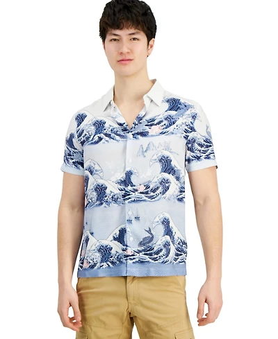 Guess Men's Wave-Print Short-Sleeve Button-Down Shirt