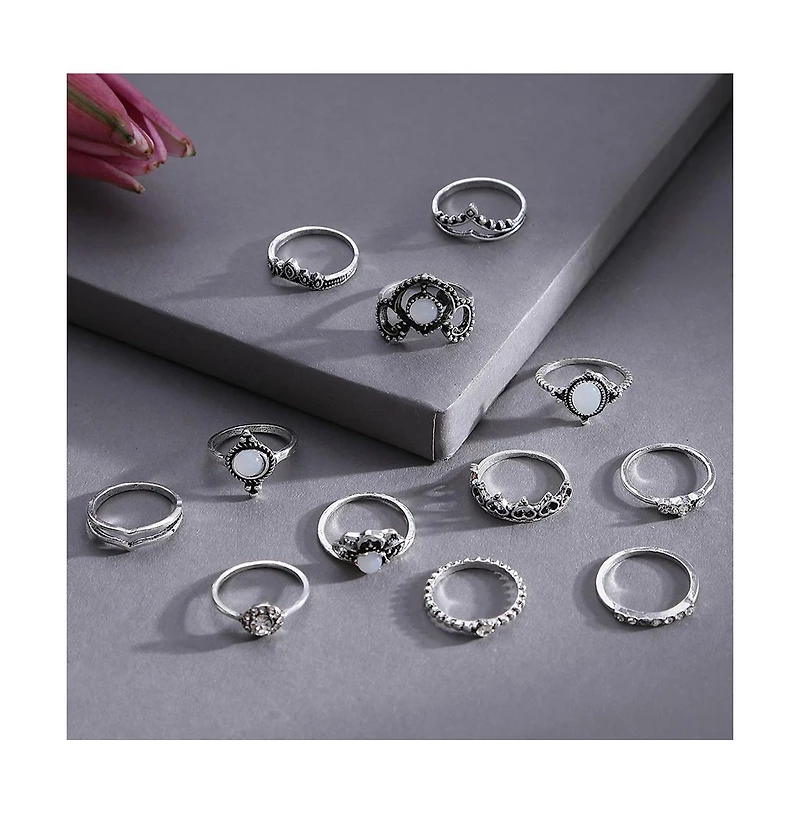 Sohi Women's Silver Pack Of 12 Oxidized Rings
