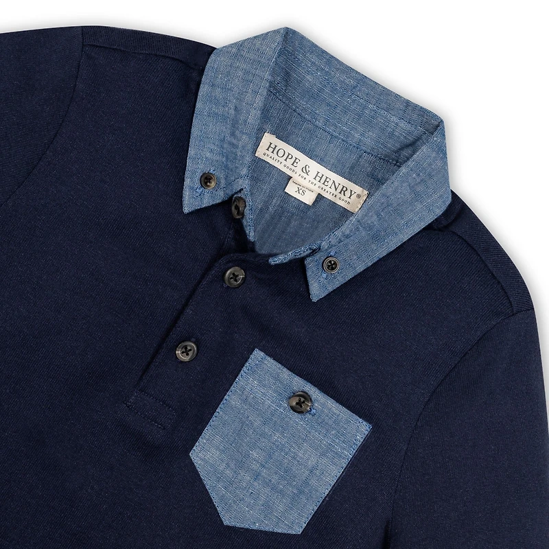 Hope & Henry Boys Short Sleeve Jersey Polo with Chambray Trim