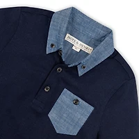 Hope & Henry Boys Short Sleeve Jersey Polo with Chambray Trim