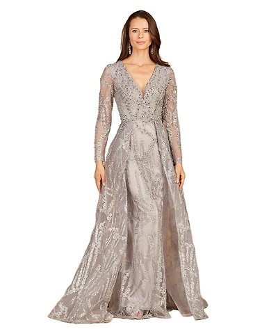 Lara Women's Long Sleeve Lace Gown with Overskirt
