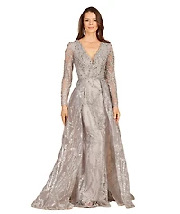 Lara Women's Long Sleeve Lace Gown with Overskirt