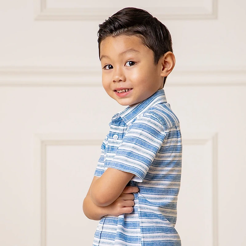 Hope & Henry Boys' Linen Short Sleeve Button Down Shirt, Kids