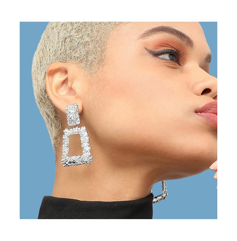 Sohi Women's Silver Textured Geometric Drop Earrings