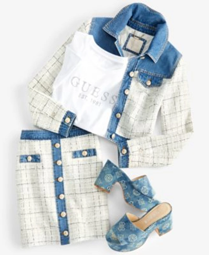 Guess Womens Natalie Tweed Denim Jacket Crystal Logo Cotton T Shirt Tweed Denim Mini Skirt