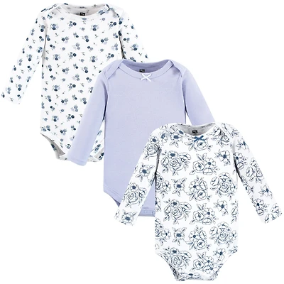 Hudson Baby Girls Cotton Long-Sleeve Bodysuits, Blue Toile 3-Pack, 3-6 Months