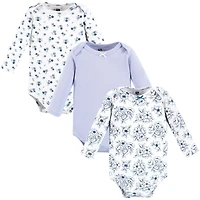 Hudson Baby Girls Cotton Long-Sleeve Bodysuits, Blue Toile 3-Pack, 3-6 Months