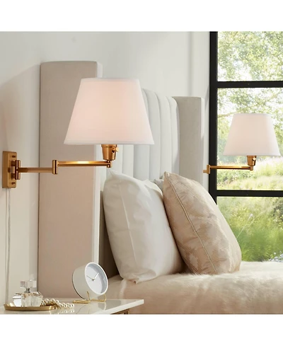 Clement Modern Swing Arm Wall Lamps Set of 2 Warm Gold Plug-In Light Fixture White Linen Hardback Shade for Bedroom Bedside House Reading Living Room