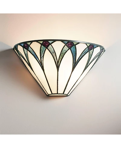 Regency Hill Filton Tiffany Style Wall Light Sconce Bronze Hardwire 12 1/4" Fixture White Blue Stained Art Glass Shade for Bedroom Bathroom Hallw
