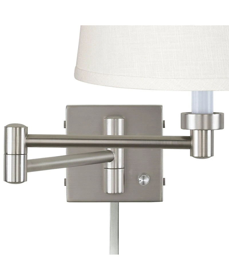 Possini Euro Design Modern Swing Arm Wall Lamp with Cord Cover Brushed Nickel Plug-In Light Fixture White Linen Shade for Bedroom