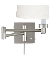 Possini Euro Design Modern Swing Arm Wall Lamp with Cord Cover Brushed Nickel Plug-In Light Fixture White Linen Shade for Bedroom