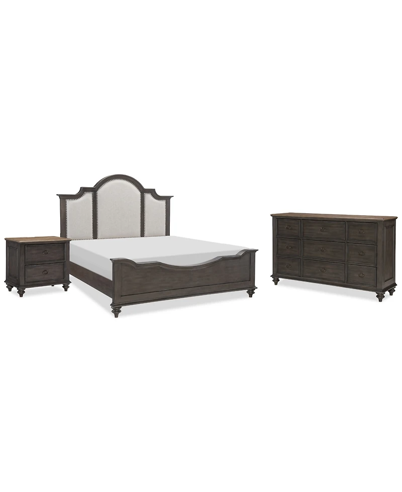 Mandeville 3pc Bedroom Set (Upholstered California King Bed + Dresser + -Drawer Nightstand