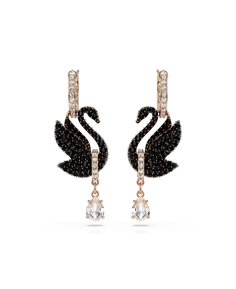 Swarovski Swan, Black, Rose Gold-Tone Iconic Swan Drop Earrings