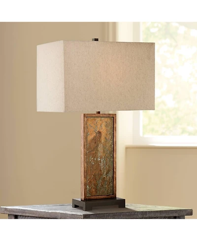 Franklin Iron Works Industrial Rustic Table Lamp 30" Tall Natural Slate Stone Beige Rectangular Shade for Bedroom Living Room House Bedside Night