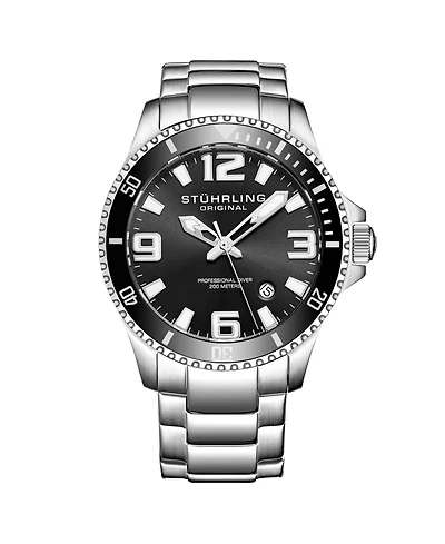 Men's Stainless Steel Case on Link Bracelet, Black Bezel Watch, Black Dial, with White and Silver Accents