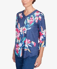 Alfred Dunner Petite in Full Bloom Placed Floral V-neck Top