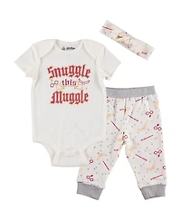 Harry Potter Baby Girls Ravenclaw Slytherin Gryffindor Hufflepuff Bodysuit Pants and Headband Set