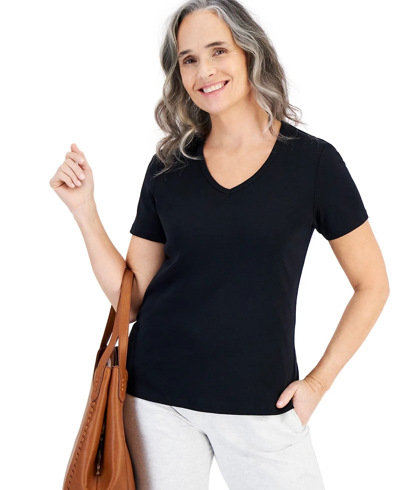 Style & Co Women's Cotton Short Sleeve V-Neck Top, Exclusively at Macy's