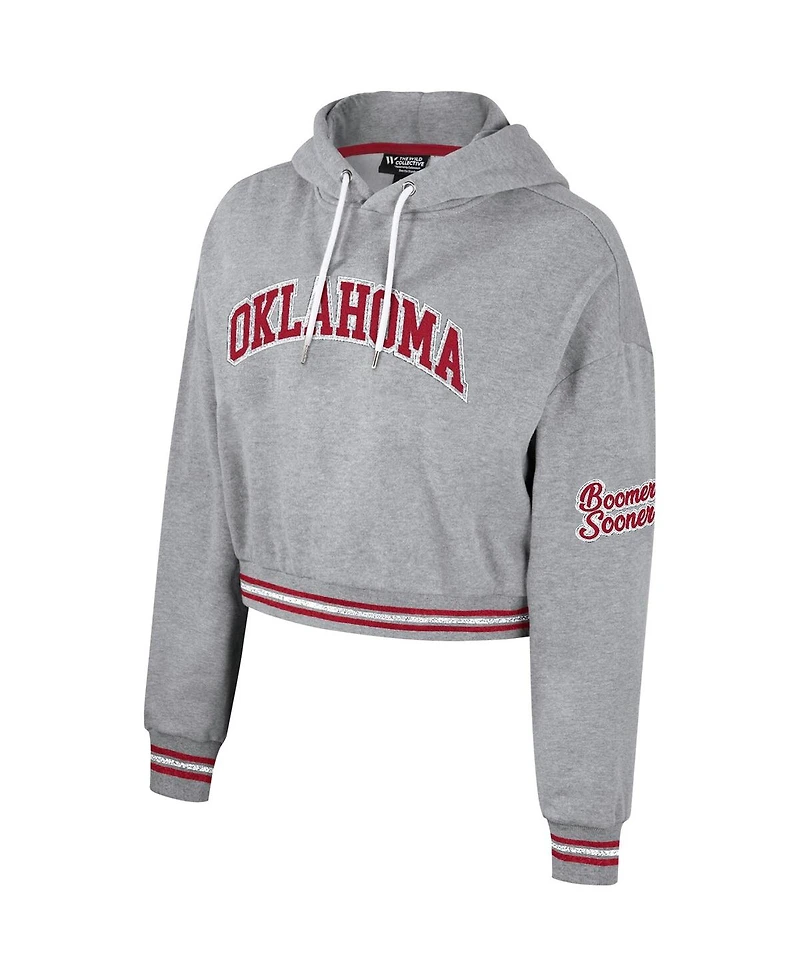 Women's The Wild Collective Heather Gray Distressed Oklahoma Sooners Cropped Shimmer Pullover Hoodie