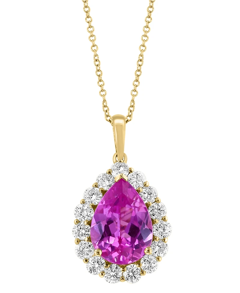Effy Lab Grown Pink Sapphire (5-5/8 ct. t.w) & Lab Grown Diamond (1-1/3 ct. t.w.) Pear Halo 18" Pendant Necklace in 14k Gold