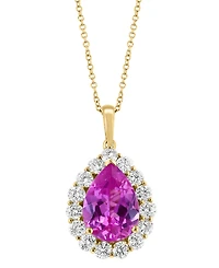 Effy Lab Grown Pink Sapphire (5-5/8 ct. t.w) & Lab Grown Diamond (1-1/3 ct. t.w.) Pear Halo 18" Pendant Necklace in 14k Gold