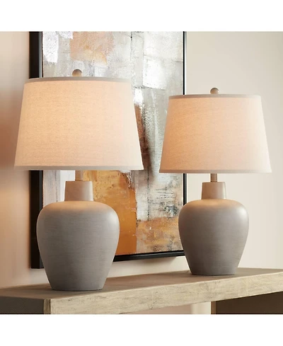 Regency Hill Glenn Rustic Country Cottage Table Lamps 27" Tall Set of 2 Brushed Gray Terra Cotta Beige Fabric Shade for Bedroom Living Room Night
