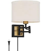 Joelle Mid Century Modern Swing Arm Wall Lamp Black Antique Brass Metal Plug-In Light Fixture Drum Shade for Bedroom Bedside House Reading Living Room