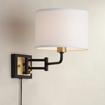 Joelle Mid Century Modern Swing Arm Wall Lamp Black Antique Brass Metal Plug-In Light Fixture Drum Shade for Bedroom Bedside House Reading Living Room