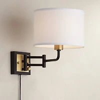 Joelle Mid Century Modern Swing Arm Wall Lamp Black Antique Brass Metal Plug-In Light Fixture Drum Shade for Bedroom Bedside House Reading Living Room
