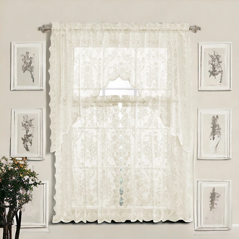 Kate Aurora Shabby Living Lena Floral Lace Complete Kitchen Curtain Tier & Swag Set