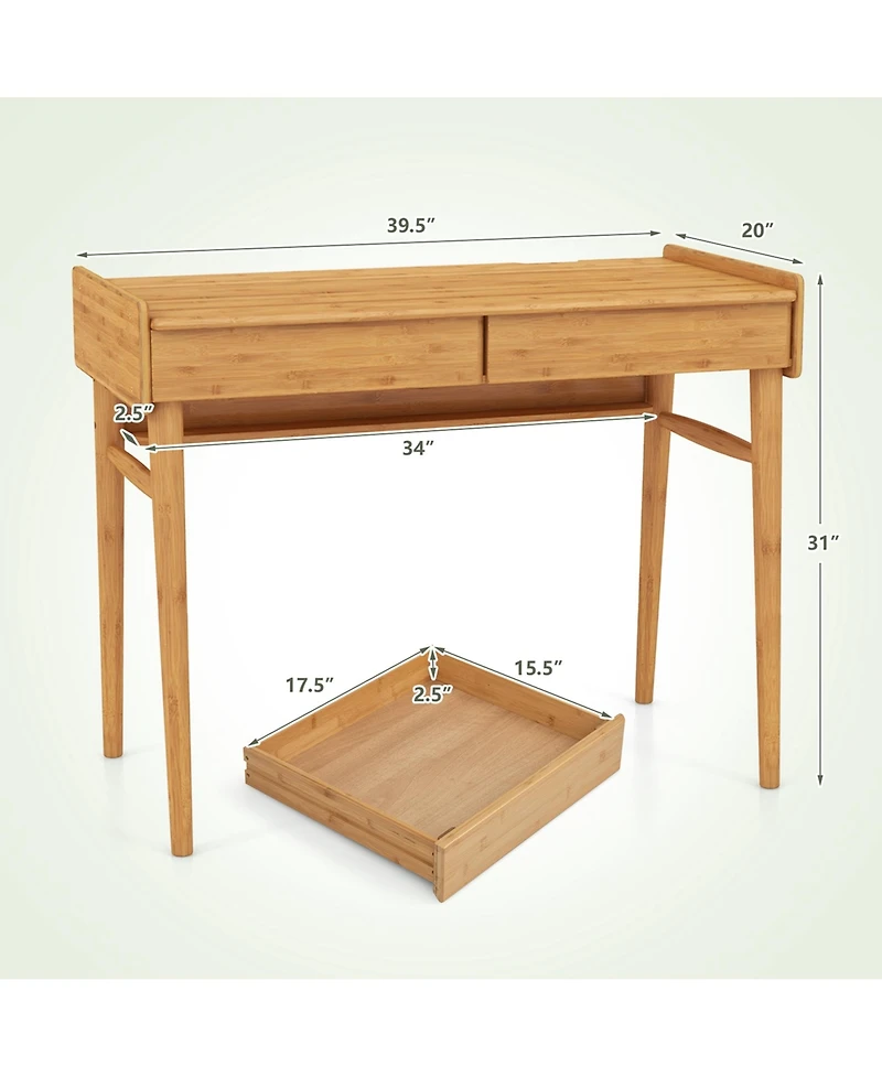Bamboo Writing Desk 39.5'' Computer Study Desk with 2 Storage Drawers & Open Shelf