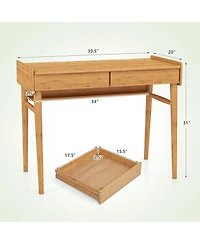 Bamboo Writing Desk 39.5'' Computer Study Desk with 2 Storage Drawers & Open Shelf