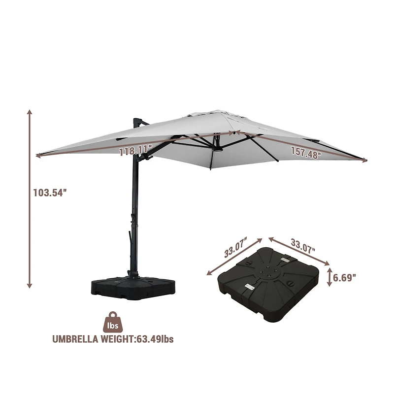 Mondawe 156"W x 120"D Rectangular Cantilever Umbrella with Detachable -level Brightness Led Light, w/ Weight Base Included