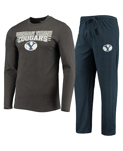 Men's Concepts Sport Navy, Heathered Charcoal Distressed Byu Cougars Meter Long Sleeve T-shirt and Pants Sleep Set