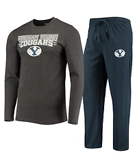 Men's Concepts Sport Navy, Heathered Charcoal Distressed Byu Cougars Meter Long Sleeve T-shirt and Pants Sleep Set