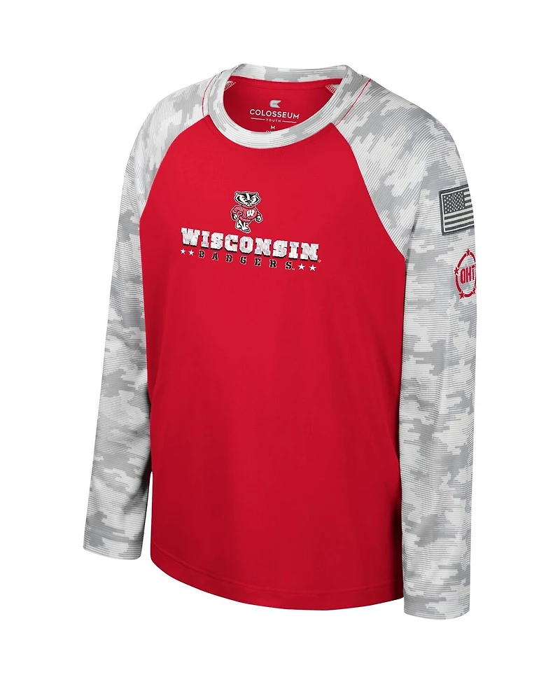 Big Boys Colosseum Red, Camo Wisconsin Badgers Oht Military-Inspired Appreciation Dark Star Raglan Long Sleeve T-shirt
