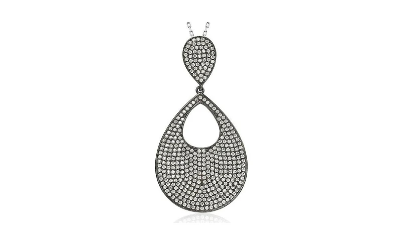 Suzy Levian Sterling Silver Cubic Zirconia Pave Flat Tear Drop Medallion Pendant
