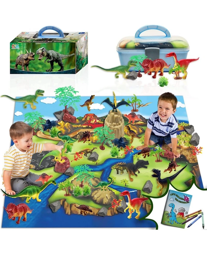 ToyVelt Dinosaur Play Set Dinosaur Toys Includes Dinosaur Figures, Trees, Rocks, PlayMat, And A Beautiful Container Create a Dino World Great Gift for
