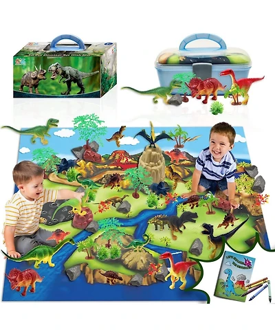 ToyVelt Dinosaur Play Set Dinosaur Toys Includes Dinosaur Figures, Trees, Rocks, PlayMat, And A Beautiful Container Create a Dino World Great Gift for