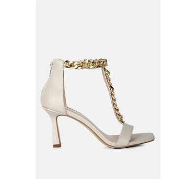 Womens Real Gem T Strap Chain Detail Sandals