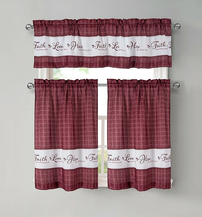 Kate Aurora Country Living Gingham Check Hope Faith Love 3 Pc Cafe Kitchen Curtain Set