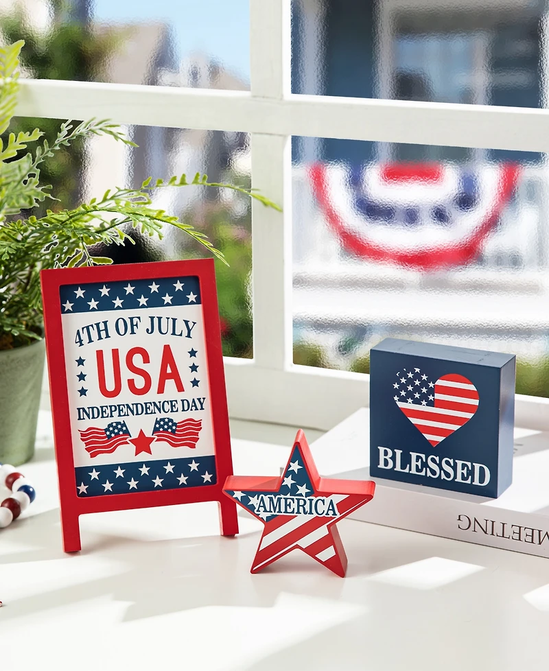 Glitzhome Set of 3 Patriotic, Americana Wooden Block Table Sign