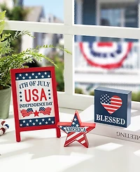 Glitzhome Set of 3 Patriotic, Americana Wooden Block Table Sign